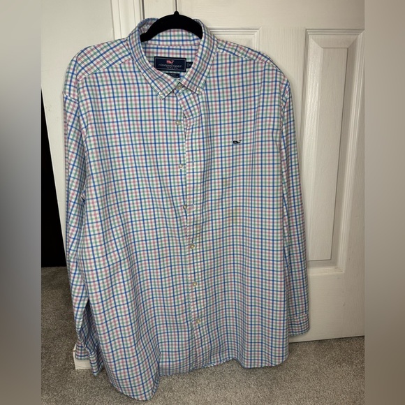 Vineyard Vines Men's Blue and Pink Checkered Shirt - Picture 1 of 3